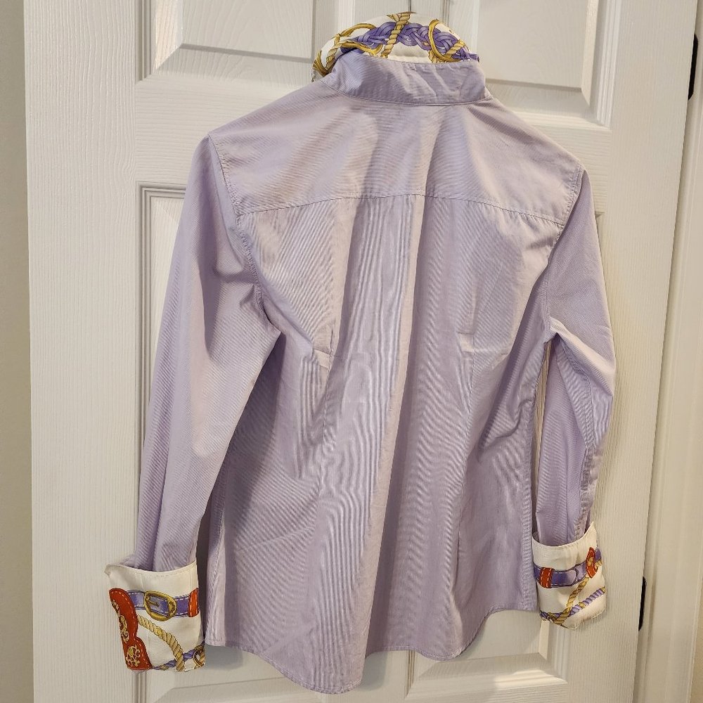 J. McLaughlin Purple Thin White Stripe Button Down Shirt with Silk cuffs Size 8 - Picture 13 of 14